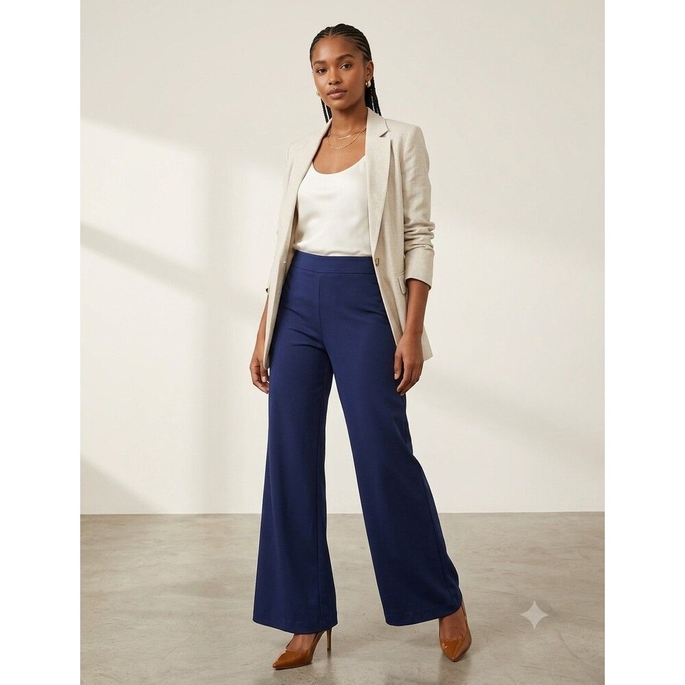 Frank Lyman Montreal Pull On Wide Leg Pants 10 Navy Blue Ponte Knit Workwear
